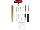 Contents of the Birchwood Casey cleaning kit: handle, brass rods, bore brushes, tips, jags, patches, pick and nylon brush.